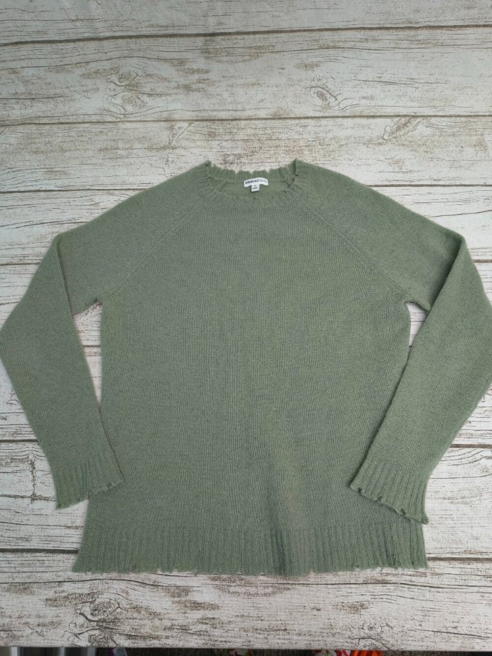 Minnie Rose Sage Green Distressed 100% Cashmere Ultralight Knit Sweater Sz Small